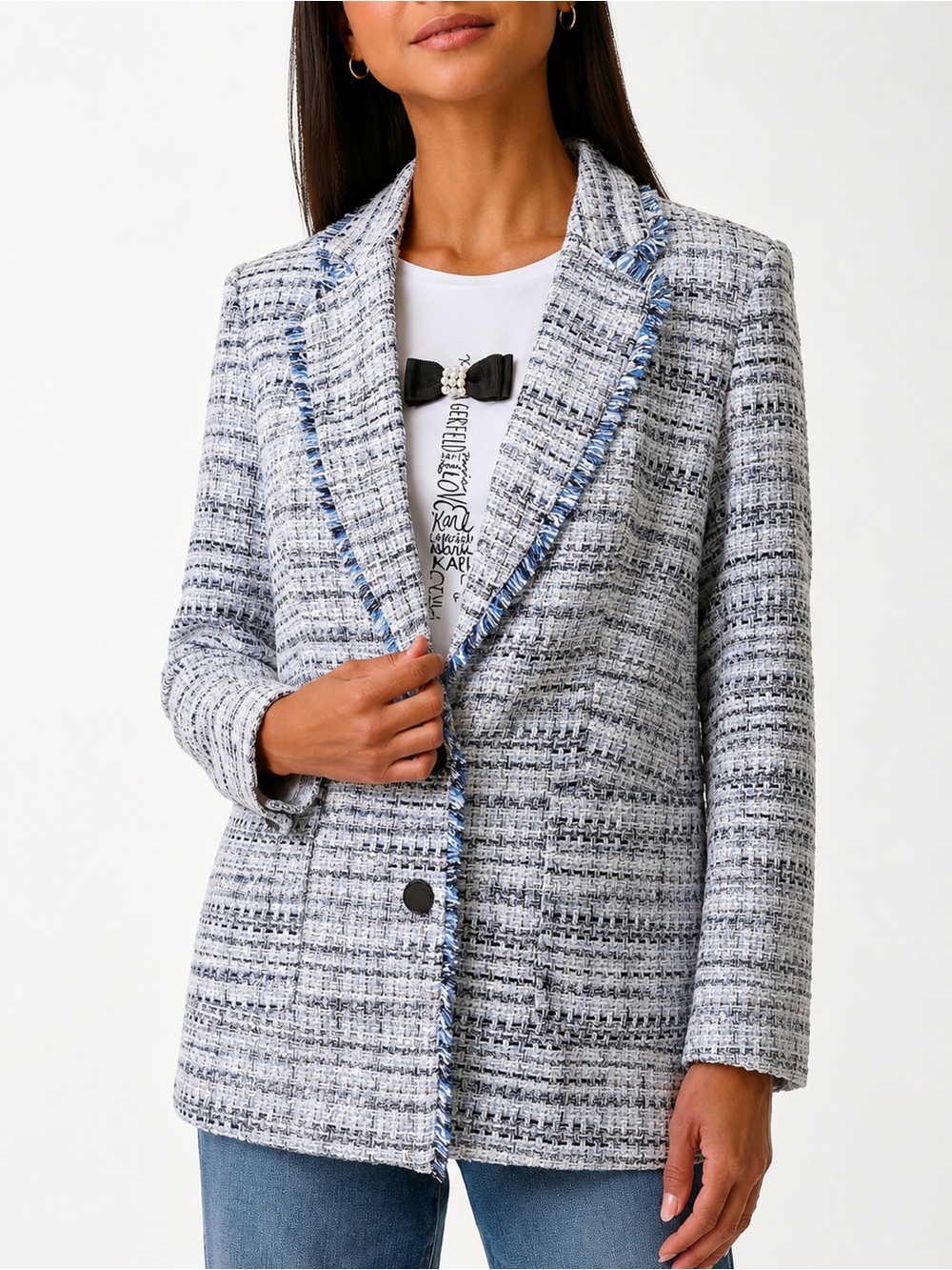 Karl Lagerfeld Paris Blue & White Tweed Fringe Blazer